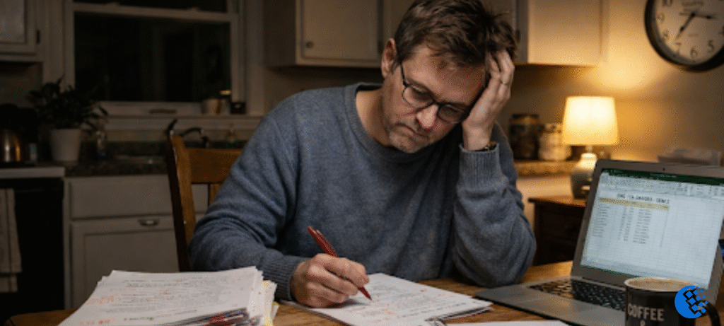 Teacher sitting at kitchen table at night grading papers and planning lessons with a calculator and coffee mug showing the hidden unpaid hours of teaching