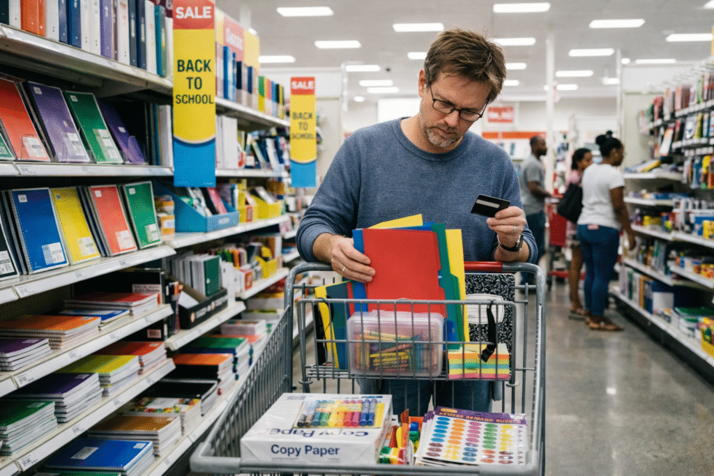 Teacher shopping for classroom supplies at a store using his own money, placing pencils, folders, and notebooks into a cart — representing the average $479 teachers spend annually out of pocket