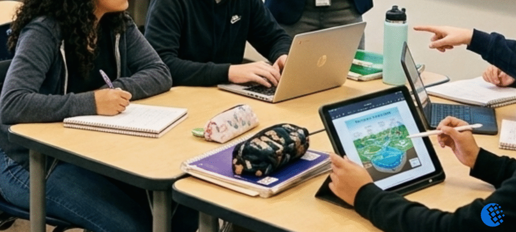 modern classroom with students using education technology