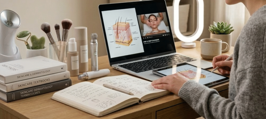 online esthetician training course learning skincare theory