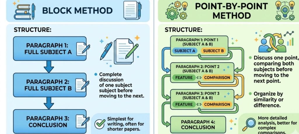 Infographic comparing Block Method and Point-by-Point Method for research paper outlines