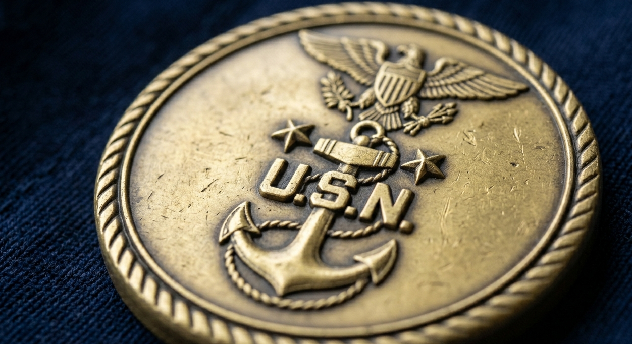 Navy challenge coin anchor and eagle emblem close-up