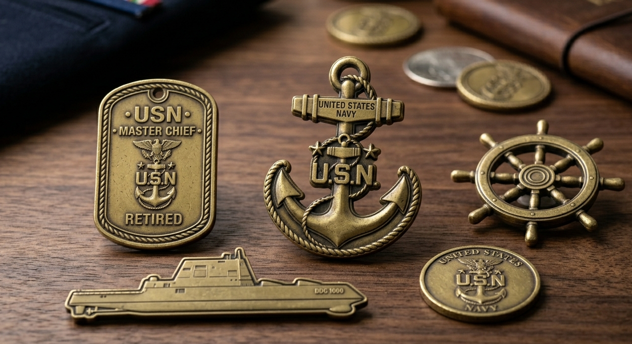 custom shaped Navy challenge coins including anchor and ship designs