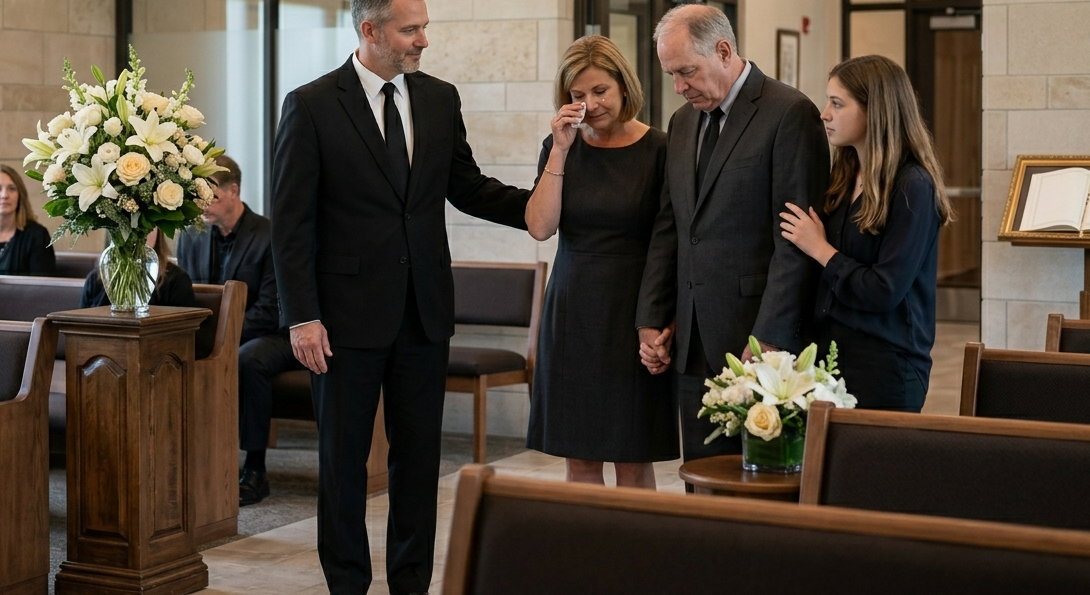 funeral director assisting grieving family