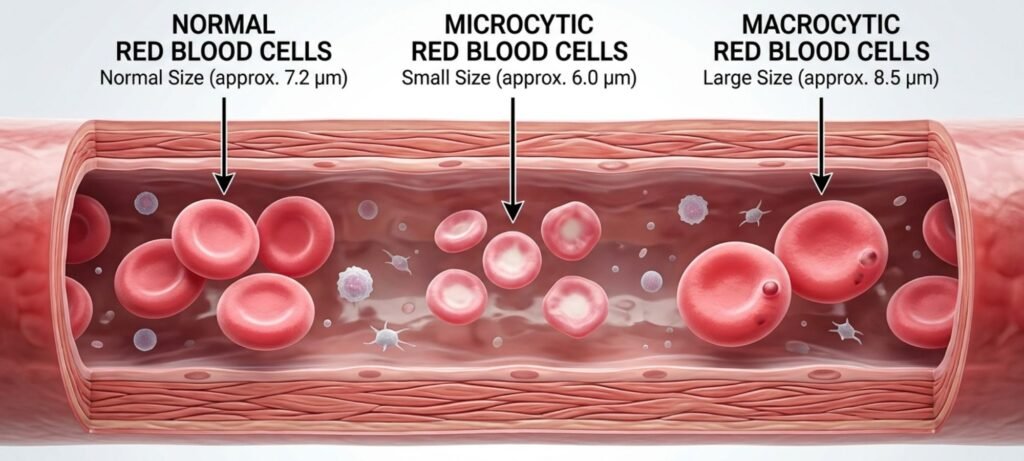 normal vs low vs high MCV red blood cells comparison