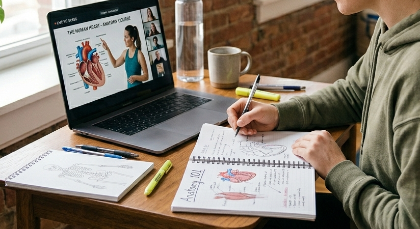 student taking online physical education course with notes