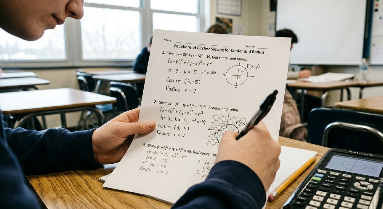 Student solving homework 8 equations of circles worksheet step by step with handwritten math and geometry formulas