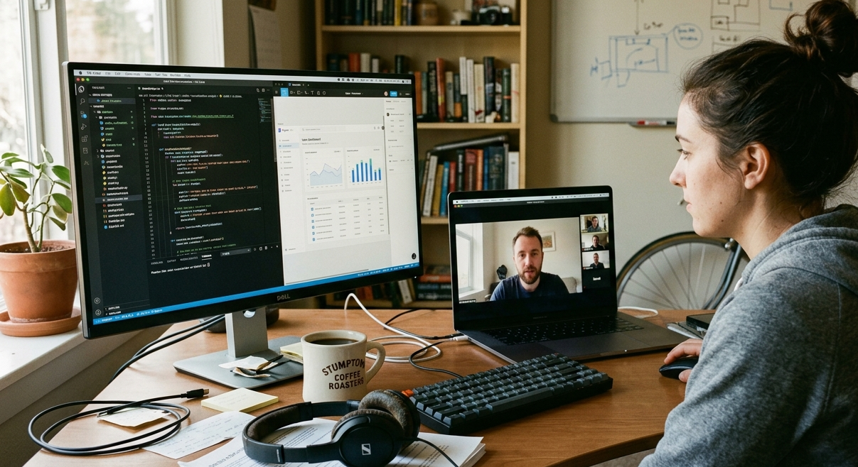 remote software development team collaborating on SaaS product via video call