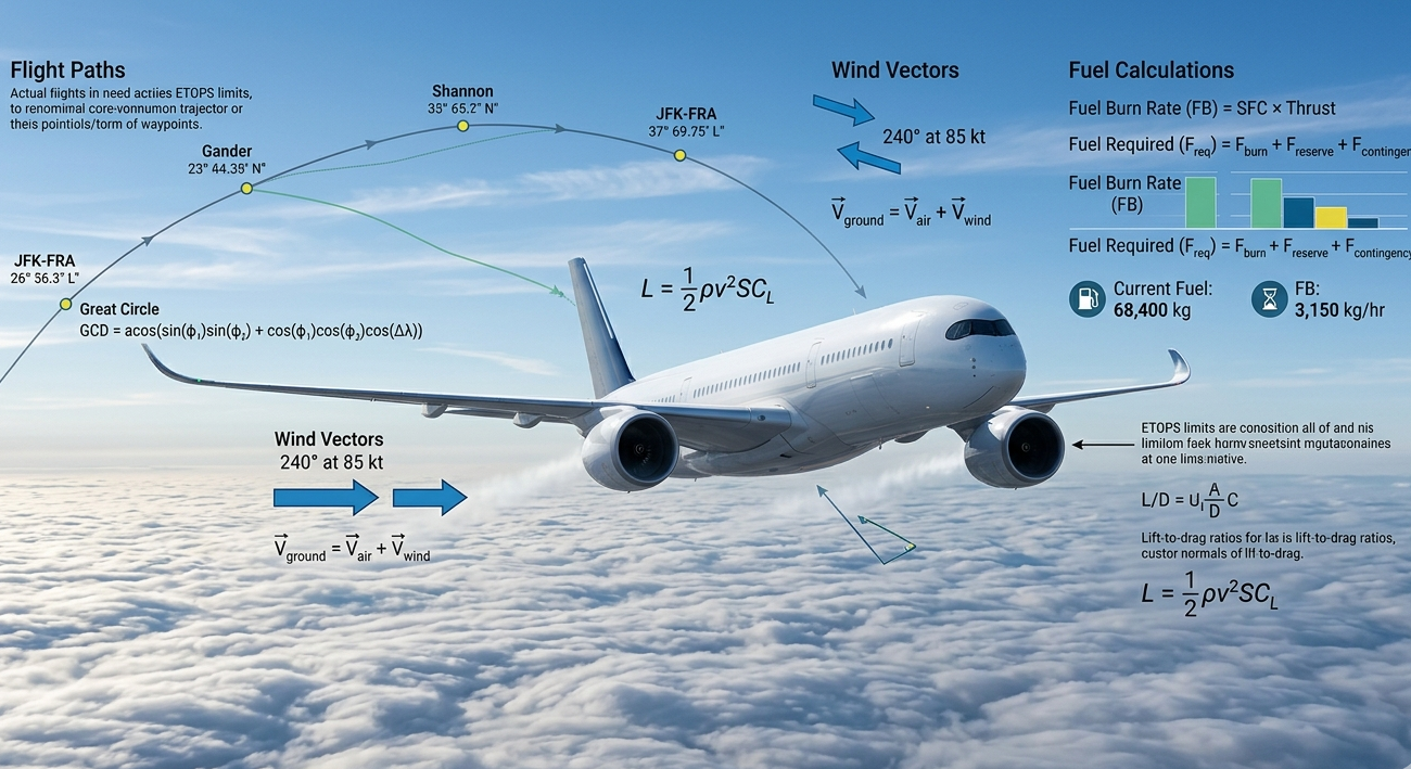 Aircraft in flight with aviation math and navigation overlays