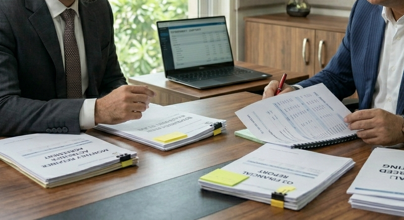 Business owner discussing accounting services with finance consultant