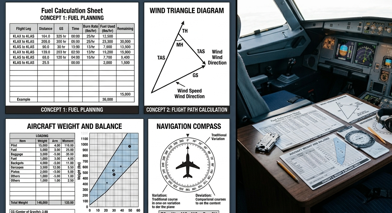 Pilot training desk with navigation charts, fuel math, and diagrams