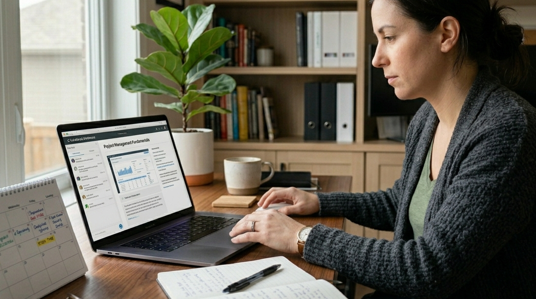 Remote learner studying online while managing work and personal responsibilities