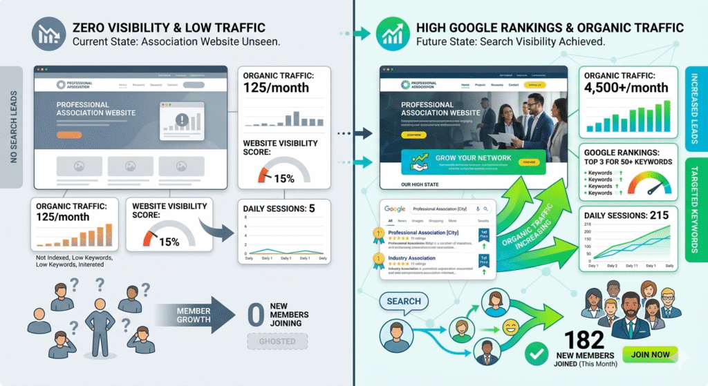 SEO impact comparison showing visibility vs invisibility for associations