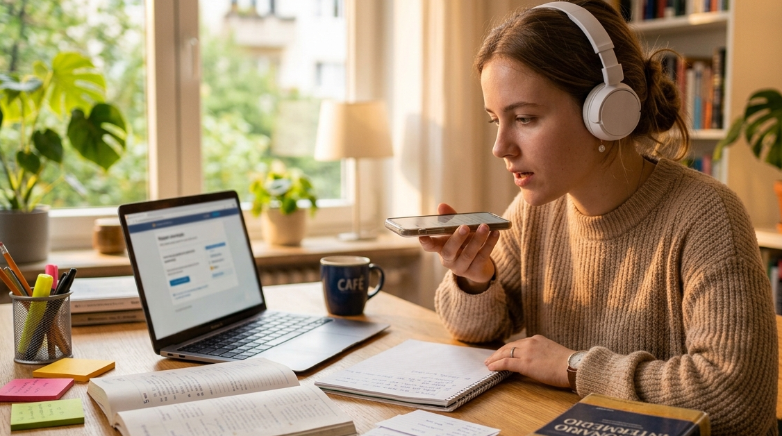Student practicing Spanish speaking and vocabulary with study planner