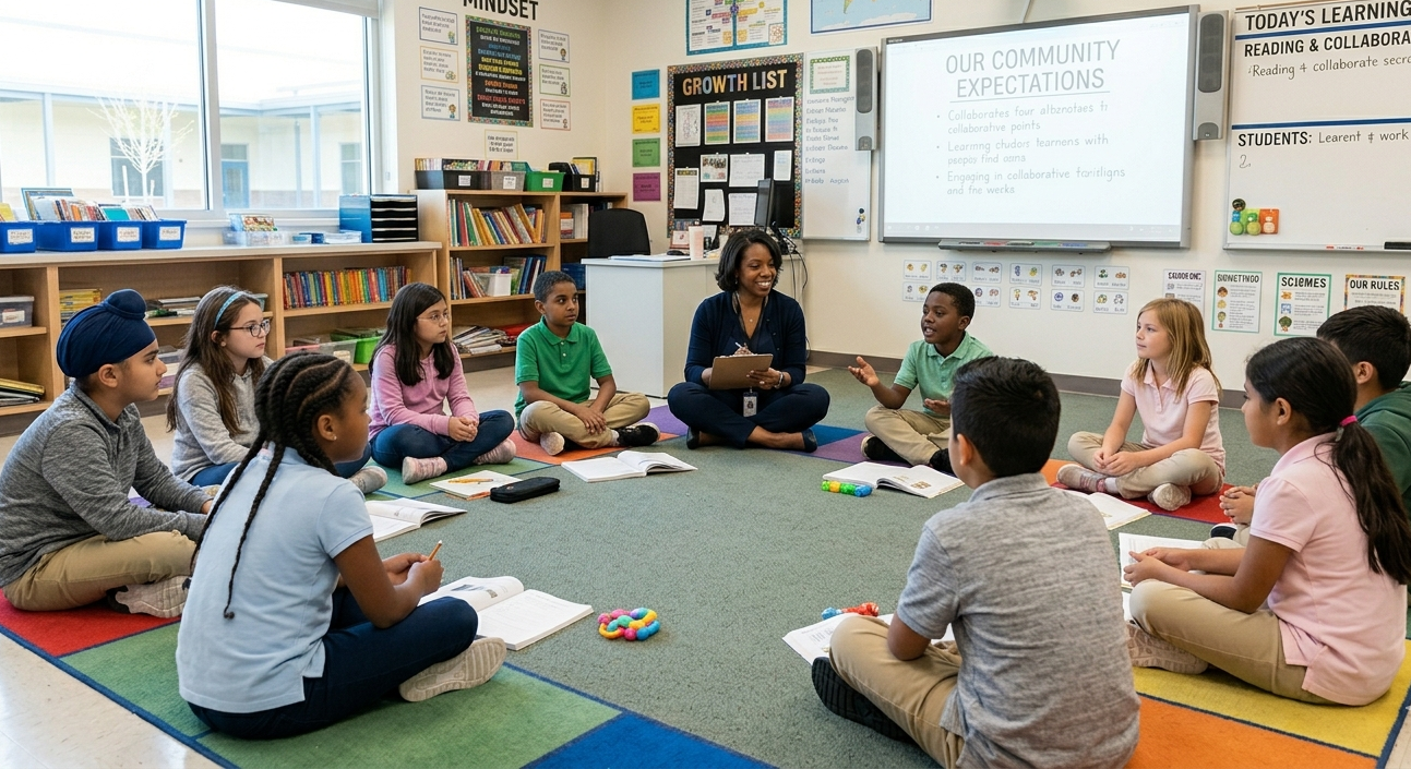 Teacher establishing classroom expectations with students