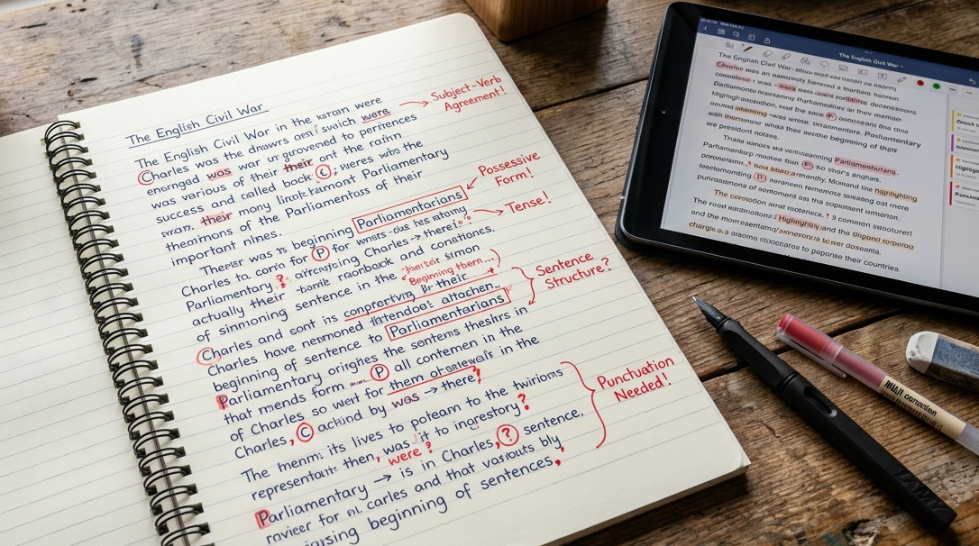 Writing mechanics showing spelling, punctuation, and capitalization corrections in academic writing