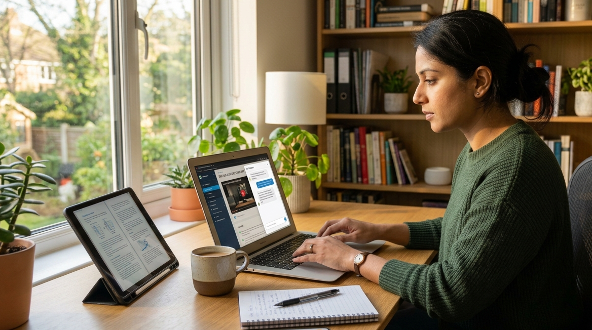 Adult using AI tools together with online learning apps