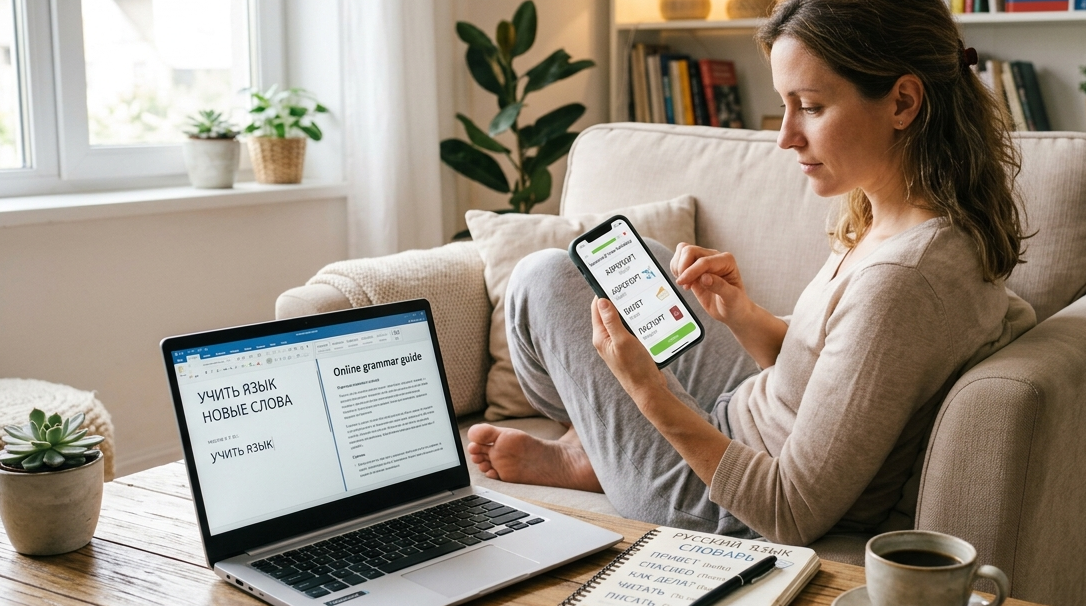 Adult using free Russian learning apps at home