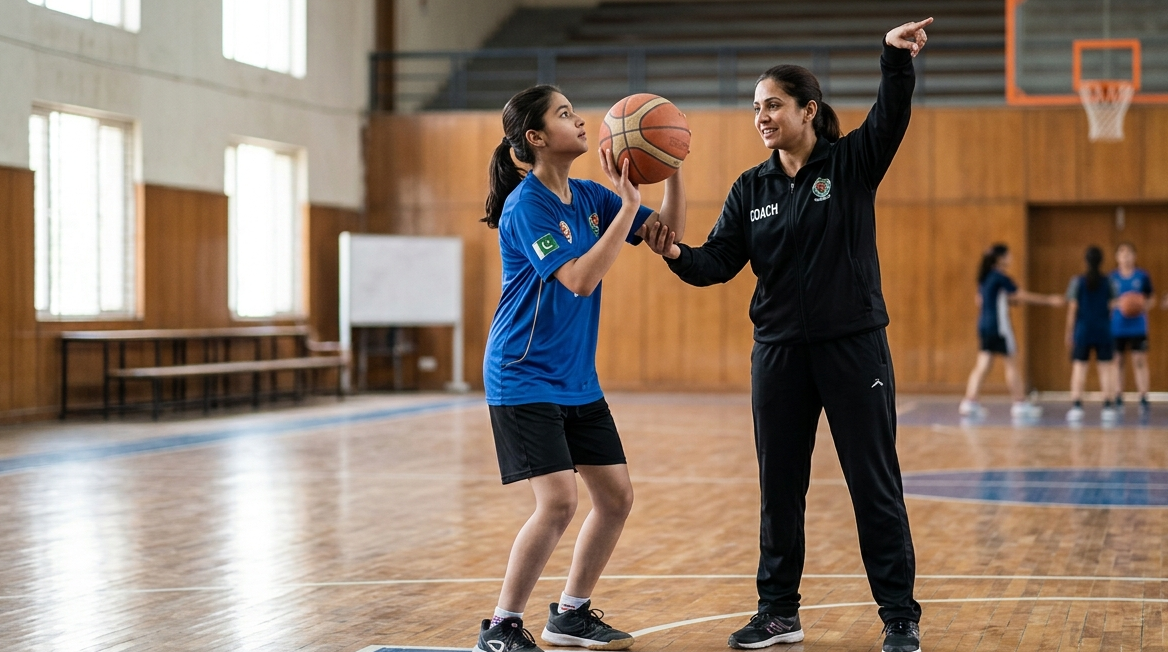 Beginner learning to throw a basketball with coach instruction