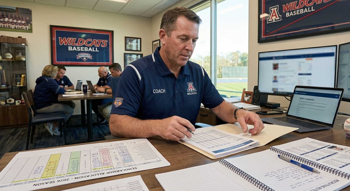 College baseball coach reviewing scholarship roster