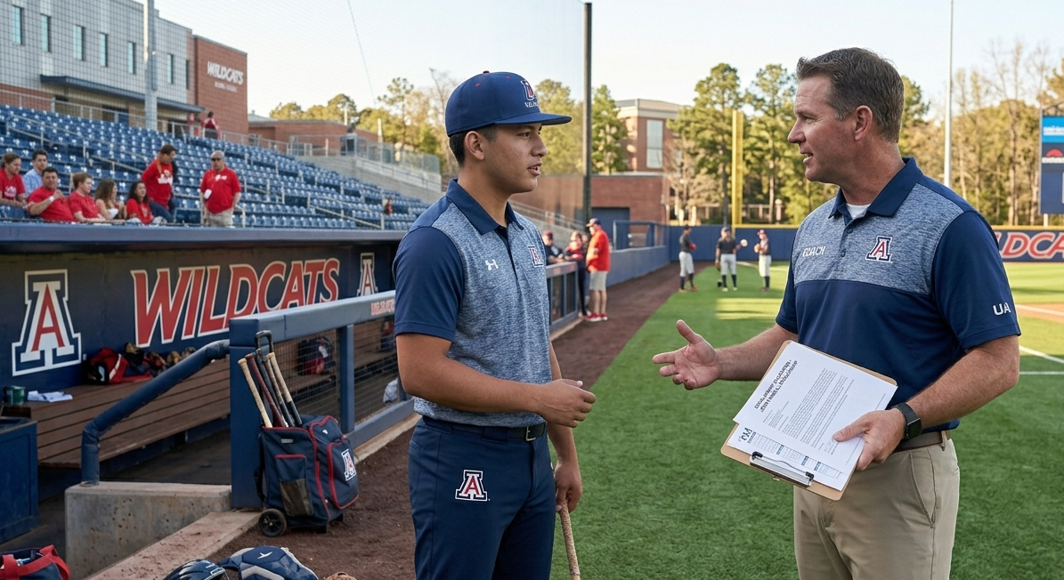Elite baseball recruit visiting university baseball field