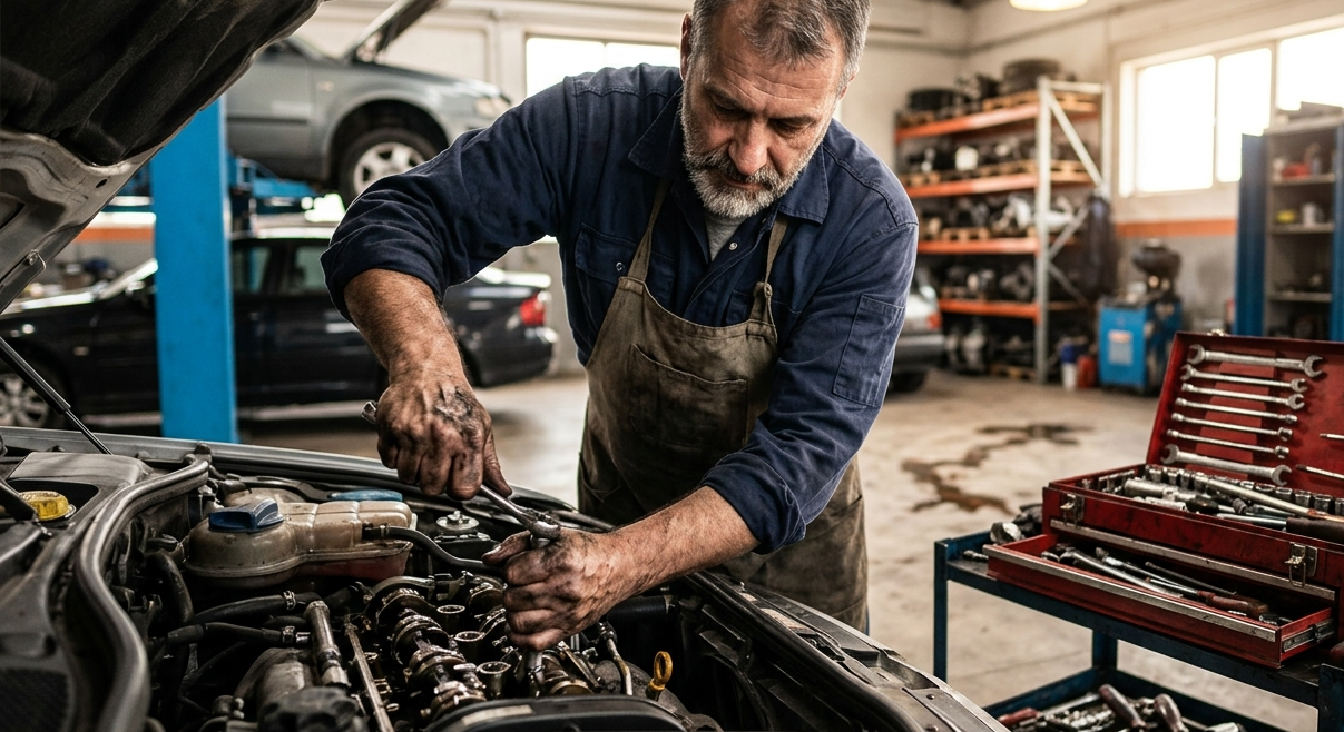 Mechanic using practical knowledge to repair an engine.