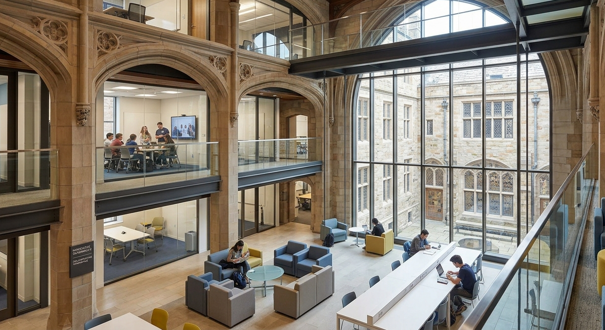 Modern interior of Yale Humanities Quadrangle after renovation