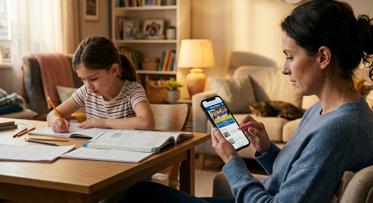 Parent researching schools online before enrollment