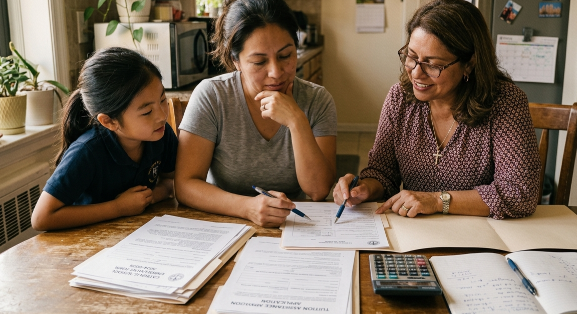 Parent reviewing school tuition assistance paperwork