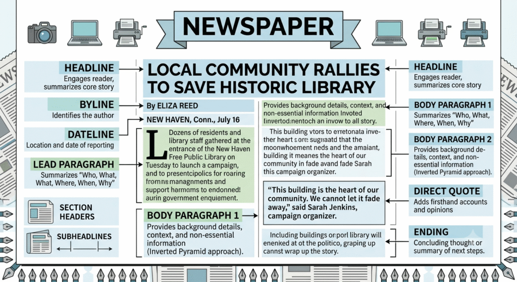 Parts of a newspaper article explained for students