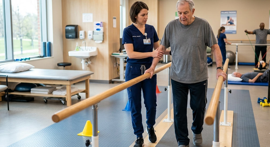 Physical therapist helping a patient practice movement