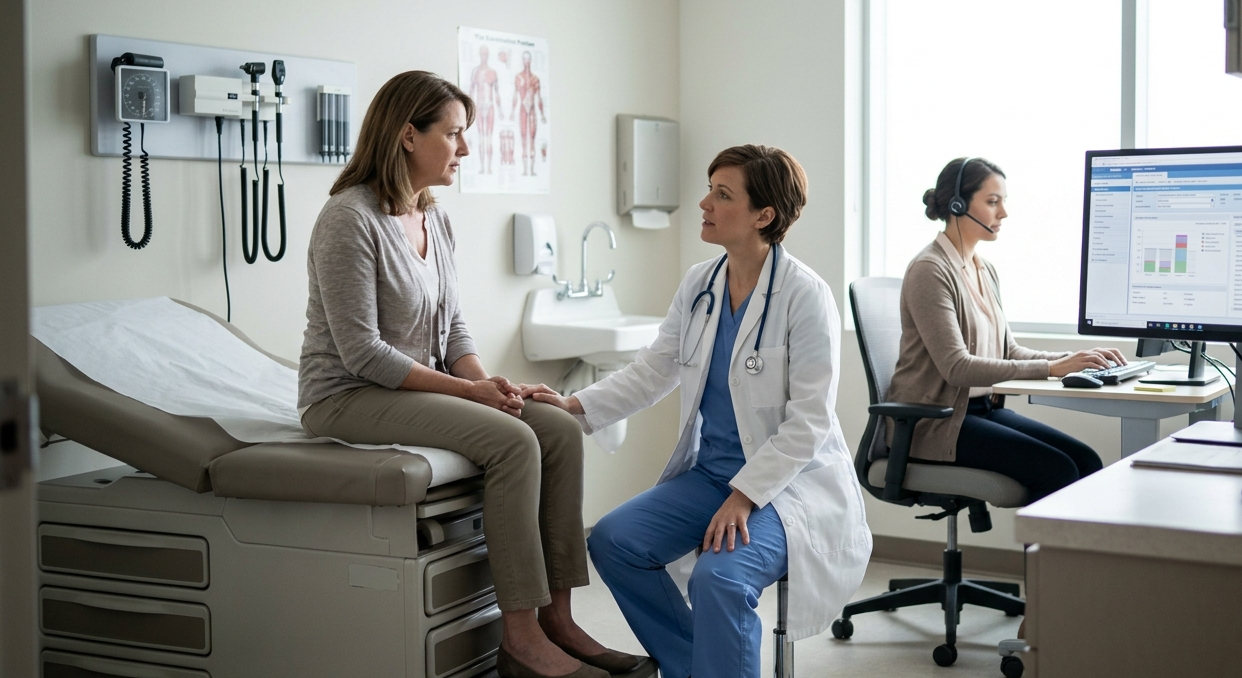 Physician examining patient while medical coder reviews documentation