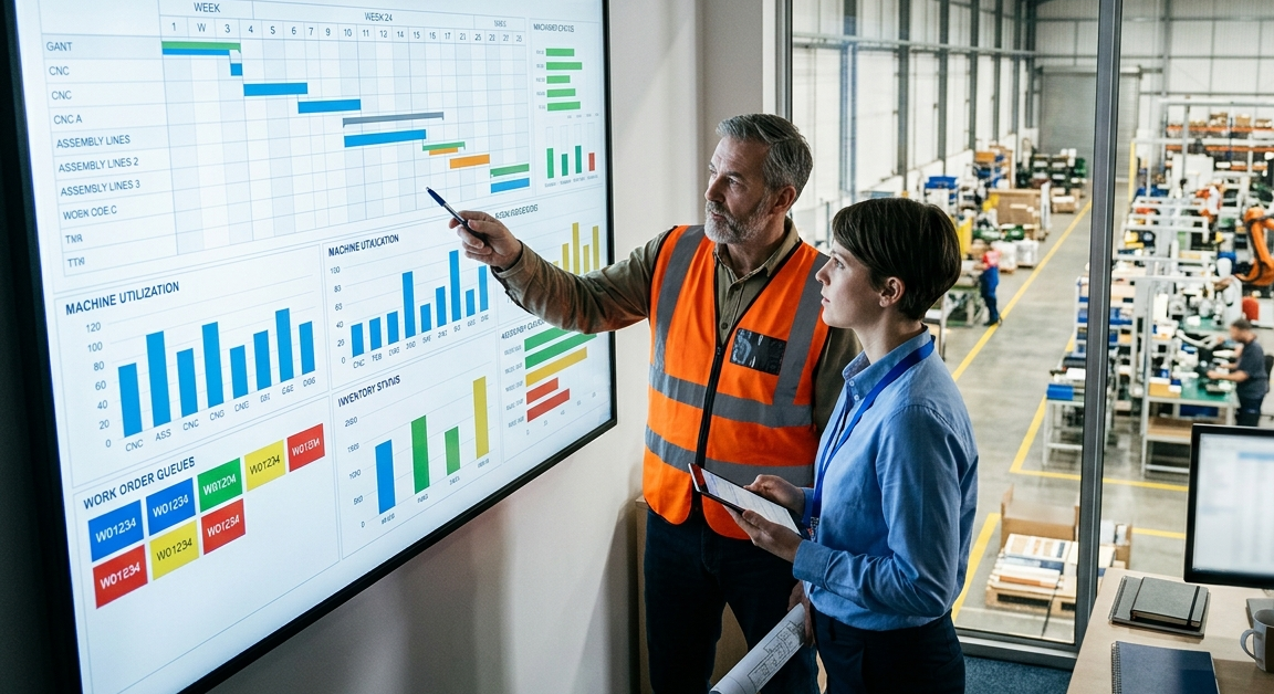 Production planner reviewing manufacturing schedule