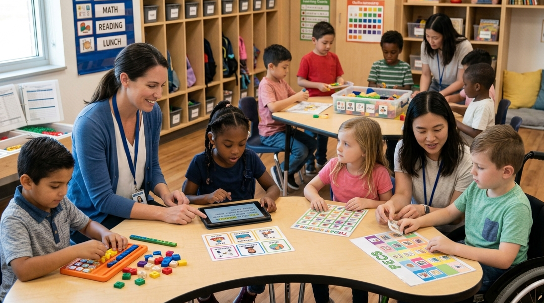 Special education teacher using assistive technology and individualized learning strategies