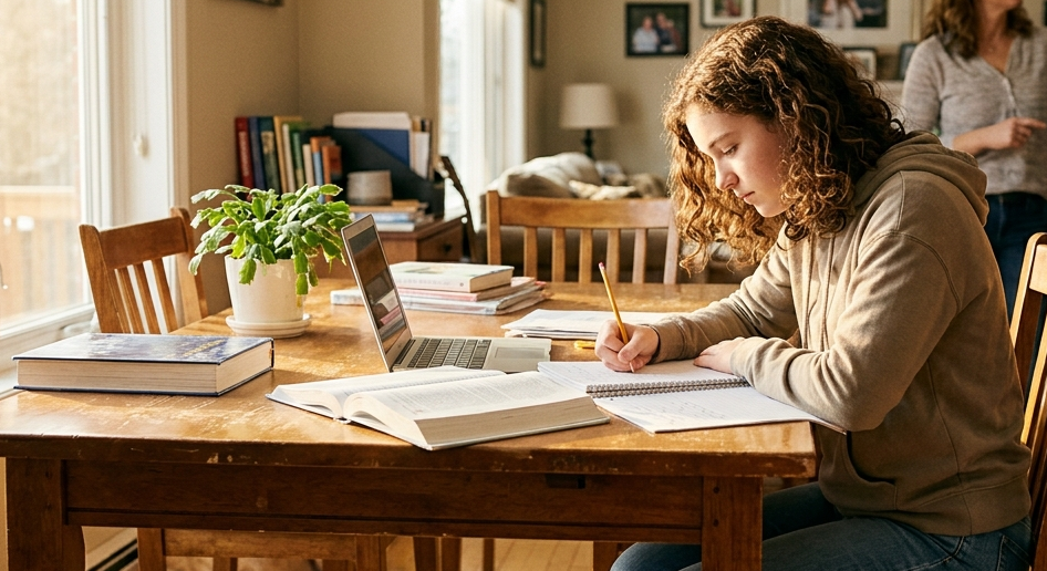 Student doing homework on a weekend afternoon