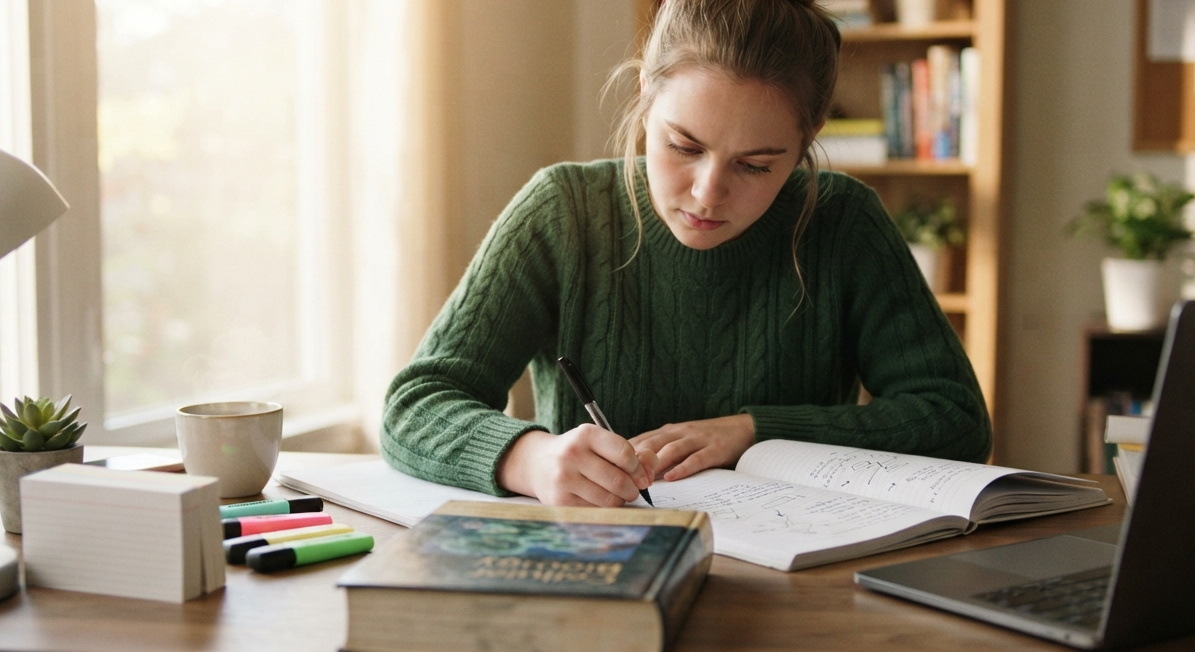 Student practicing active recall while studying