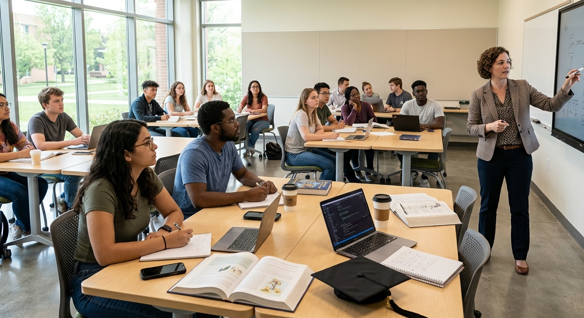 Students learning in a modern classroom