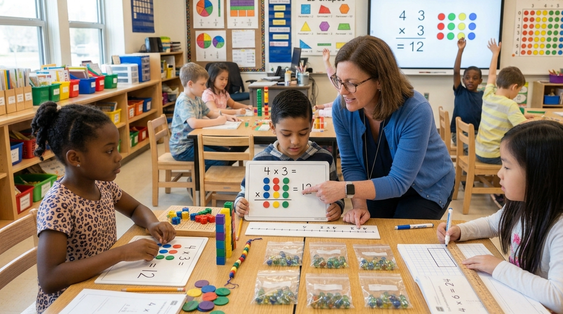 Students learning multiplication and fractions with math manipulatives