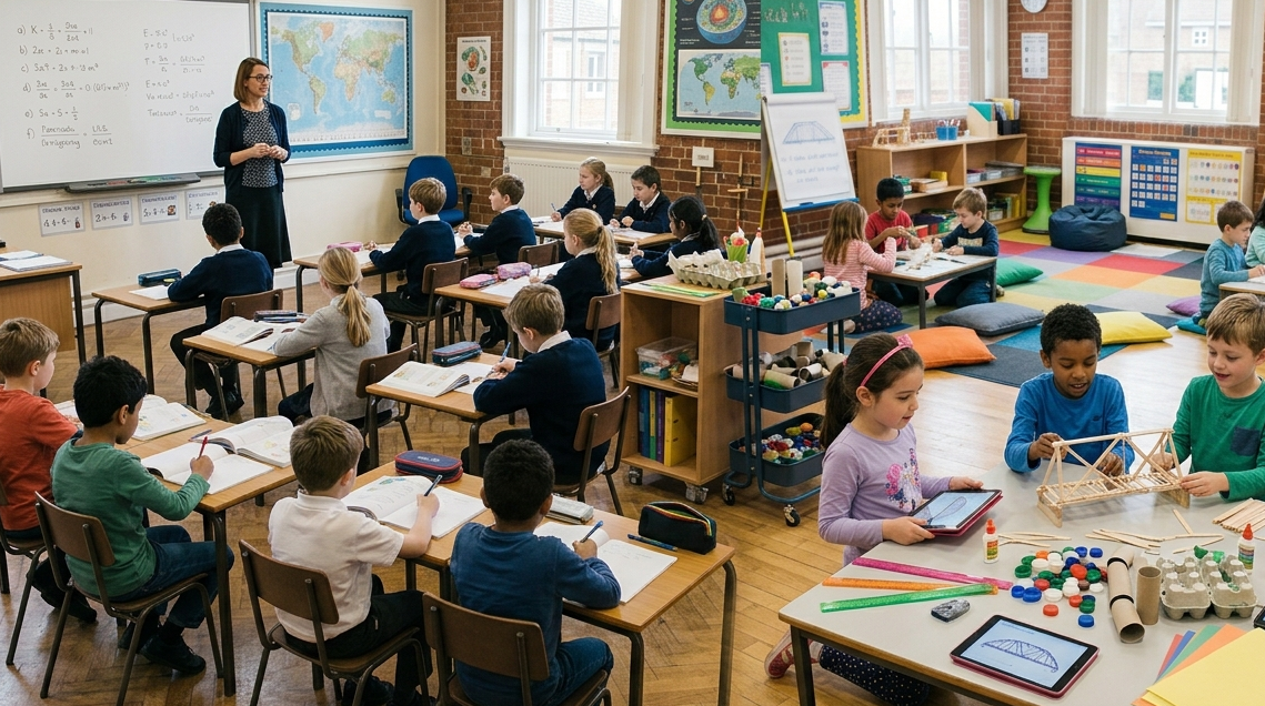 Students learning through traditional and progressive education methods