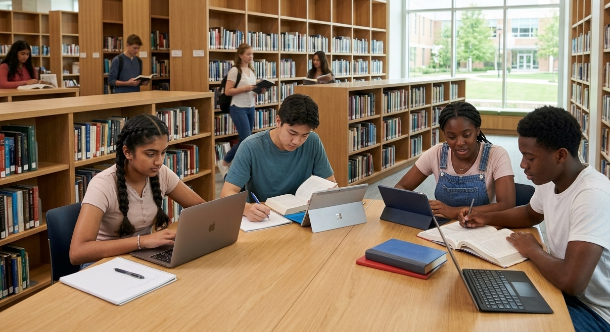 Students learning together in a school library