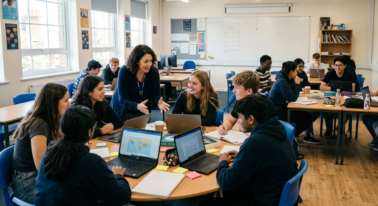 Students studying Theory of Knowledge in an IB classroom.