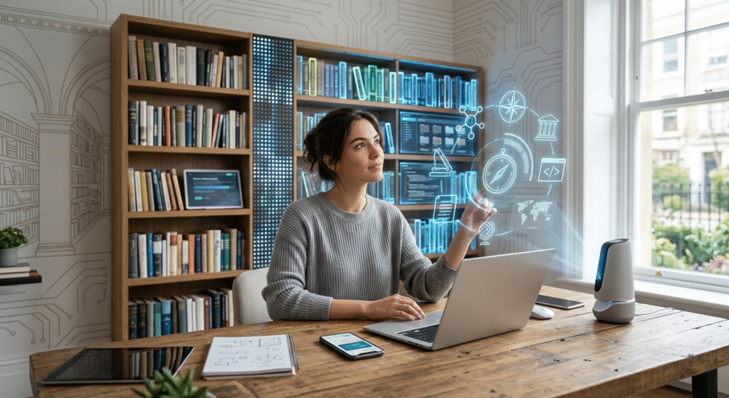 Technology helping people gain education and knowledge through digital learning.