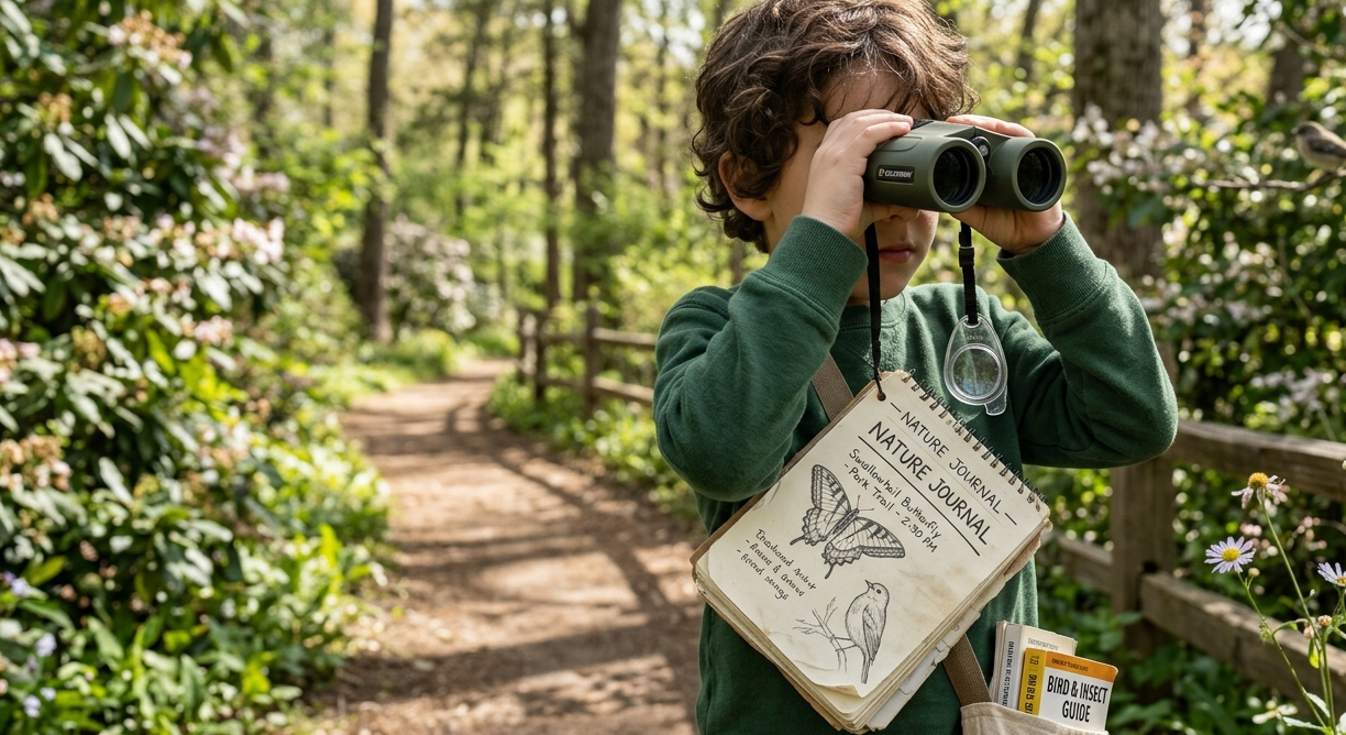Young student observing wildlife during a nature study session