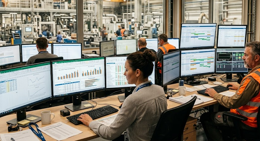 Production planning team using ERP software