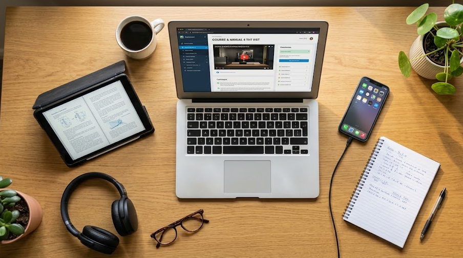 Digital learning tools for adults including laptop and smartphone.