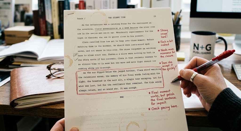 Editor reviewing the ending of a short story manuscript