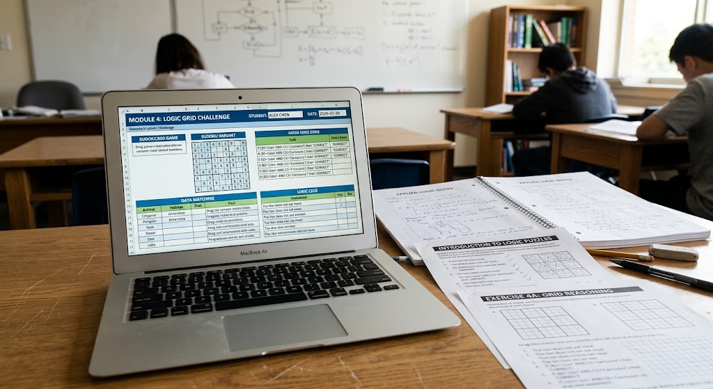 kid playing a game that looks like homework on a laptop