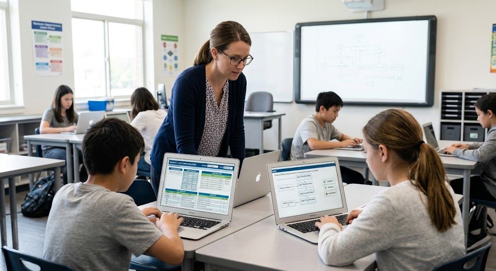 classroom students using educational games that resemble school assignments