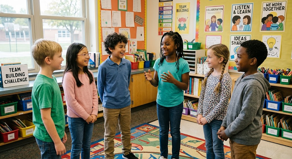 elementary students participating in a teamwork activity