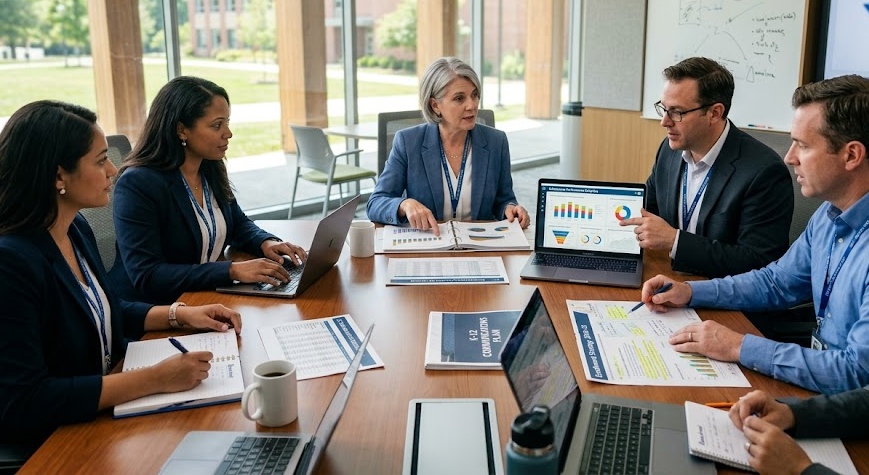 School leadership reviewing enrollment marketing strategy